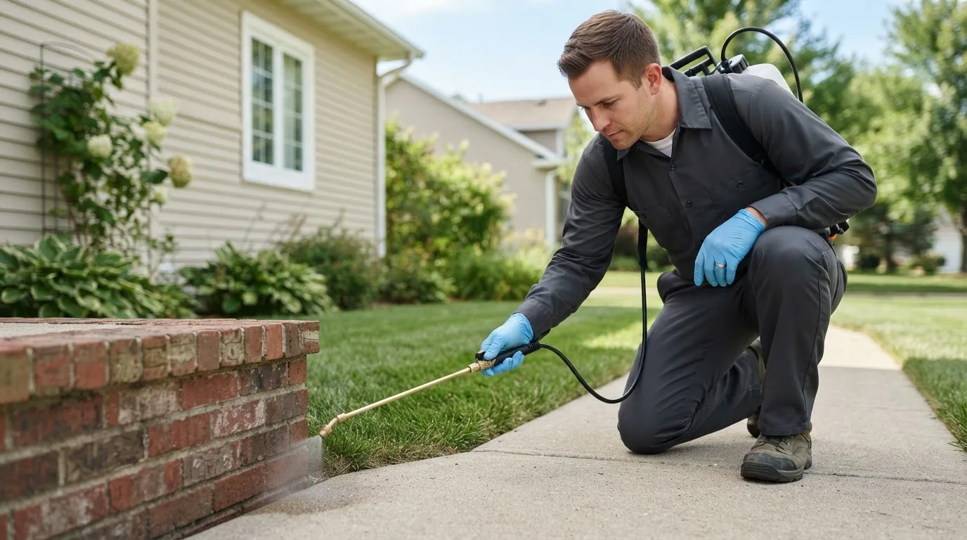 Pest control technician treating a home near Fayetteville, TX
