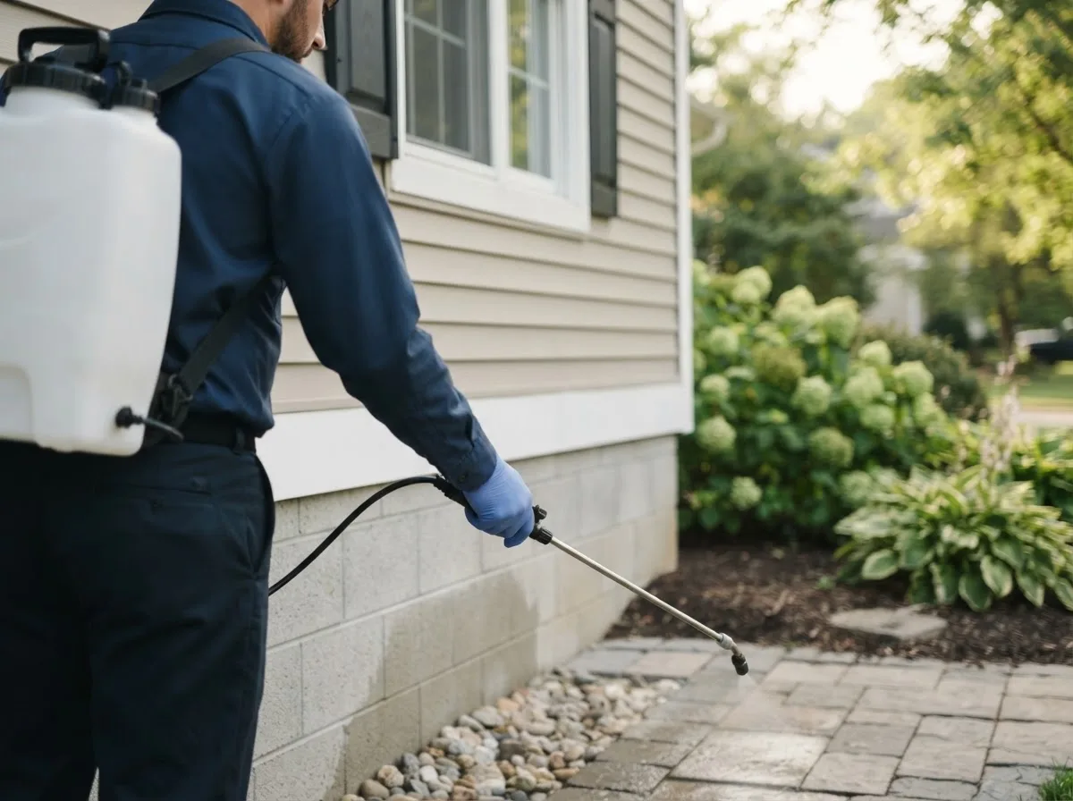 Pest control technician inspecting a home in Fayetteville, TX